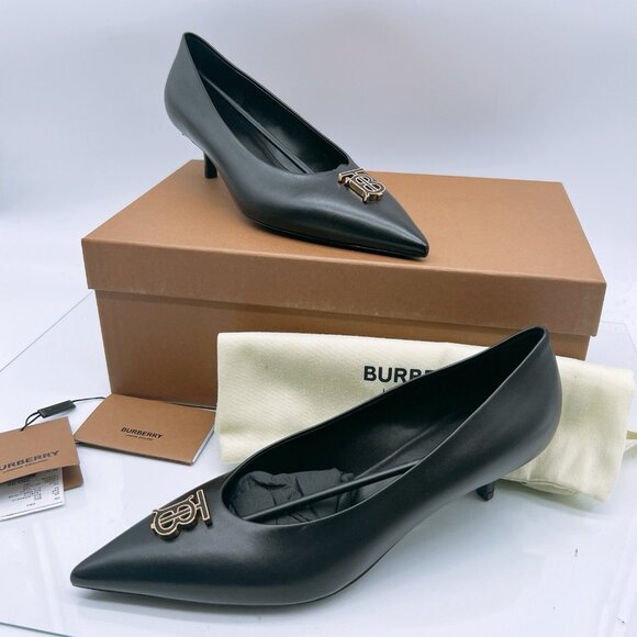 BURBERRY Women's EZRA 40 TB Pumps Low Heel Black Leather EU 39 US 9 - Picture 3 of 16